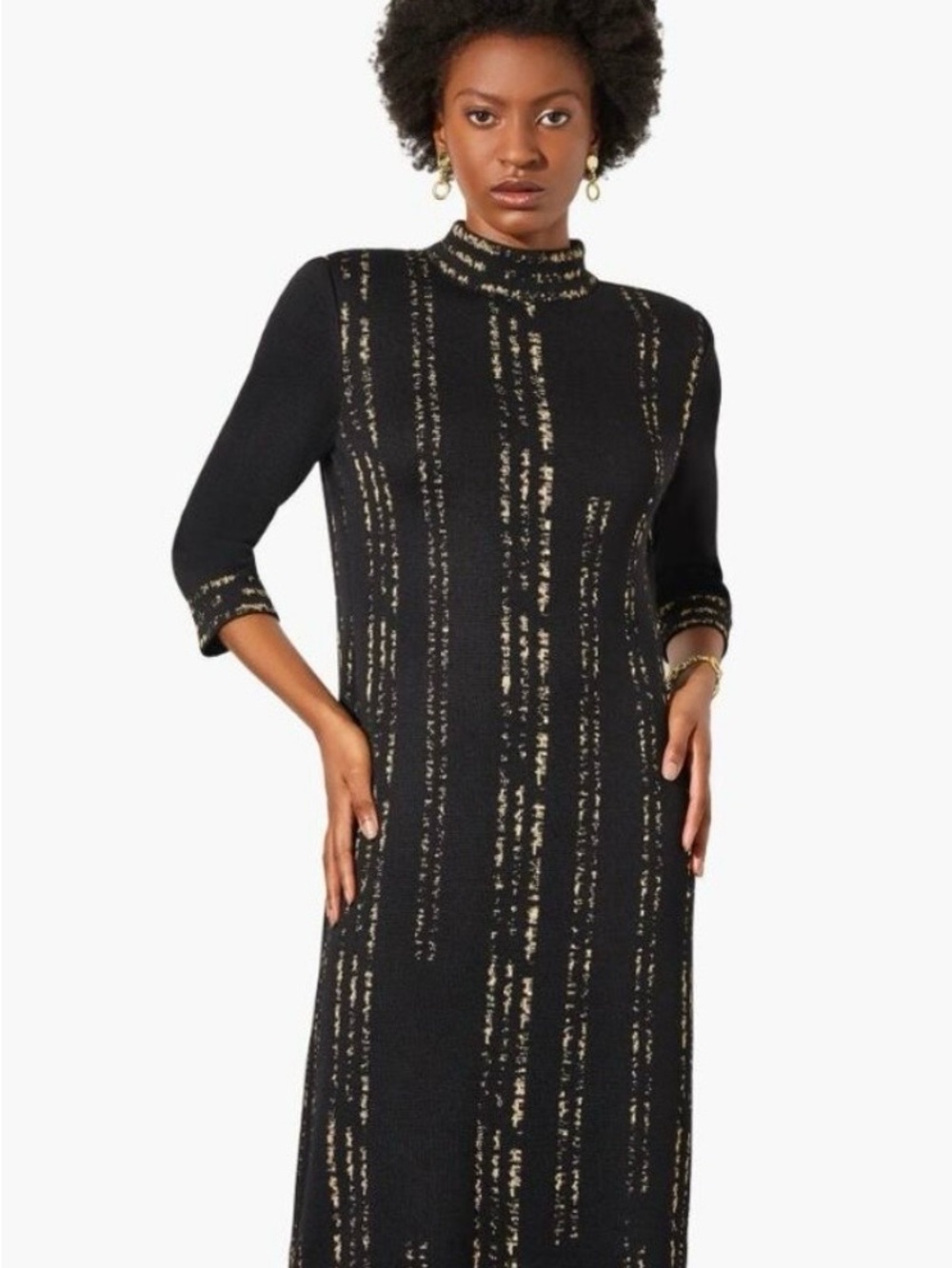 Ming Wang Women’s Black & Gold Metallic Stripe Knit Midi Dress Sz S